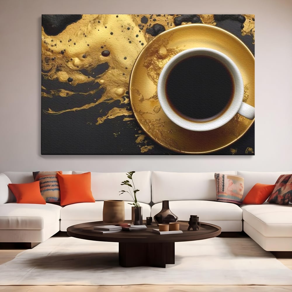 Tablou canvas cu tablou canvas cu ceasca de cafea, fara rama, pe sasiu de lemn, pe perete intr-un living